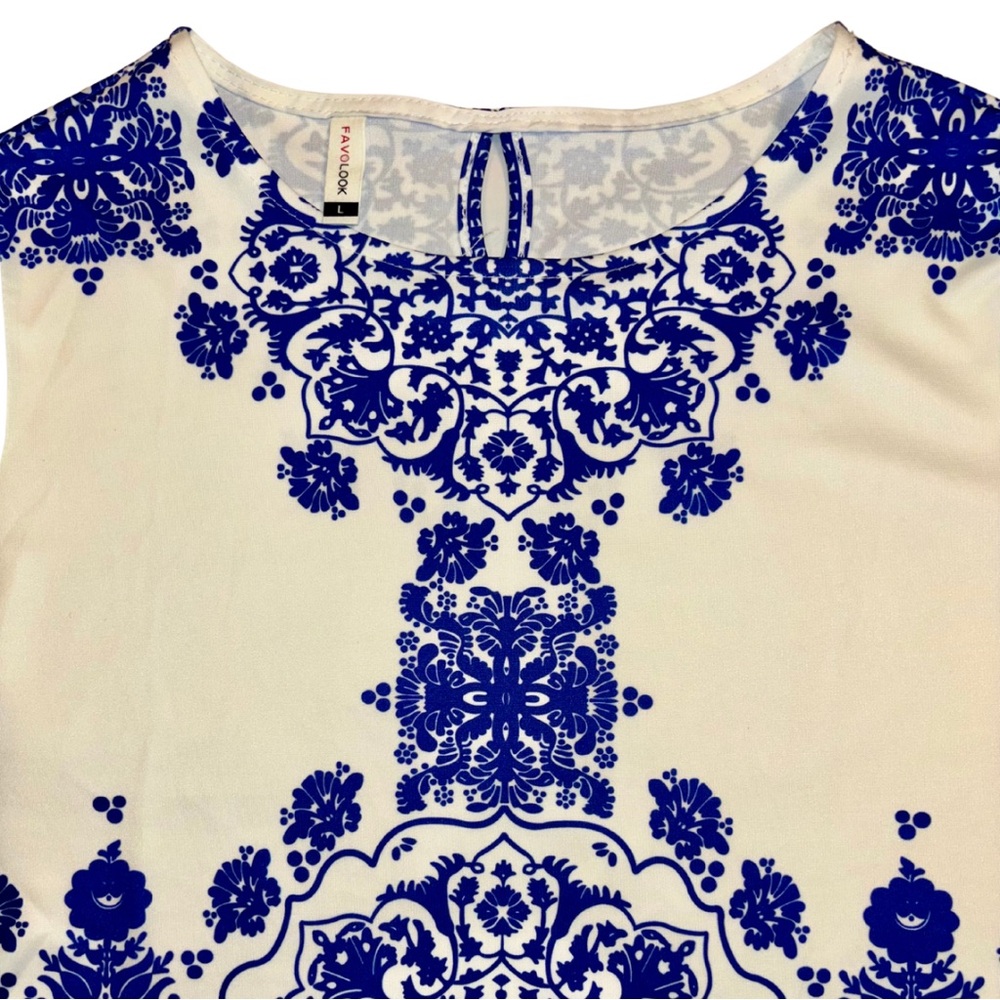 FAVOLOOK WOMENS WHITE AND COBALT BLUE FLORAL PRINT DRESS SIZE L - Picture 3 of 4